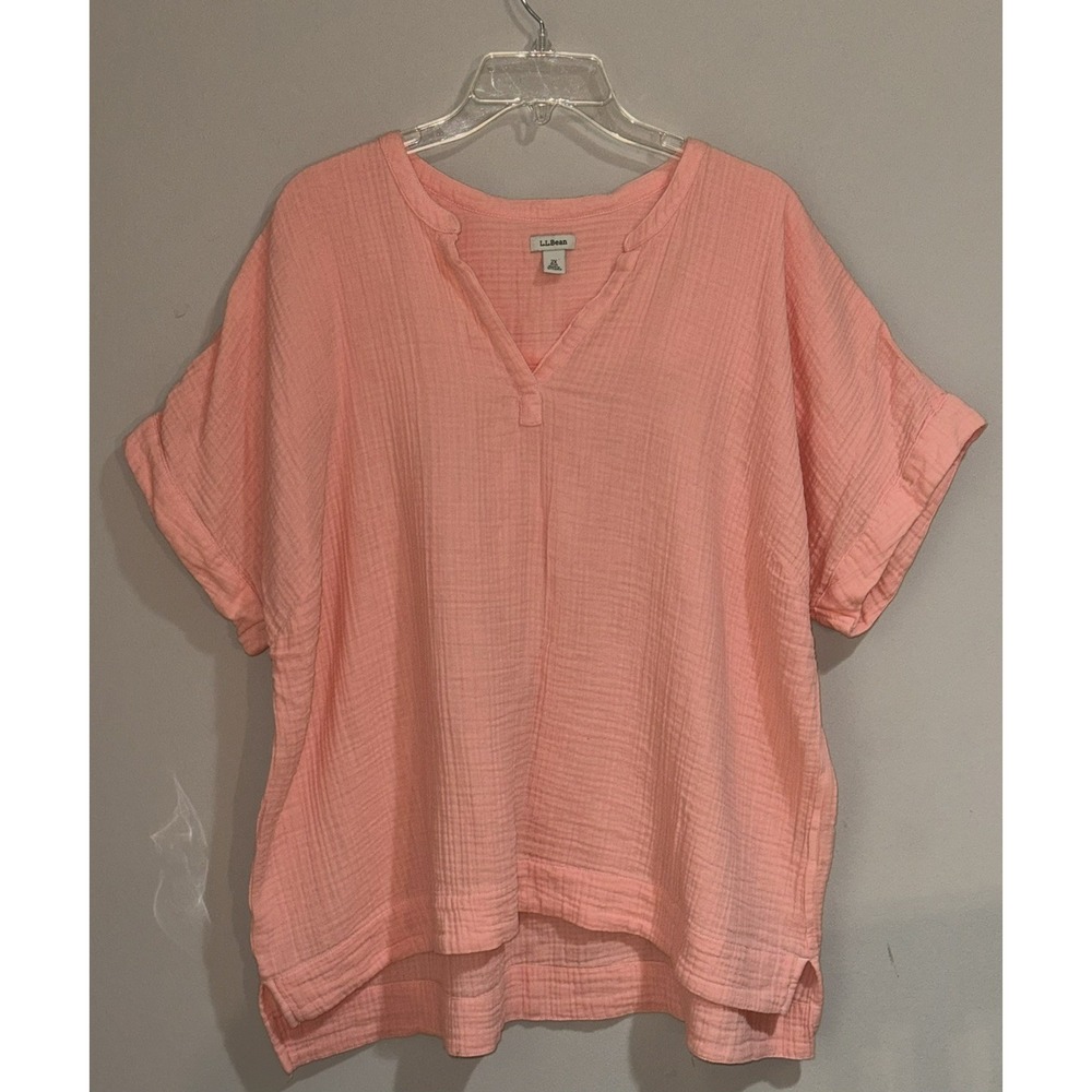 L.L. Bean Double Gauze Cotton Top Womens Large Coral Pink Short Sleeve V-Neck 2X